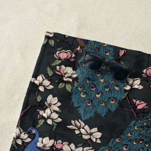 Beautiful Black Peacocks and Magnolia Flowers Beach Towel
