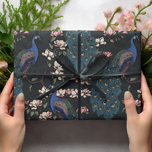 Beautiful Black Peacocks and Magnolia Flowers Wrapping Paper