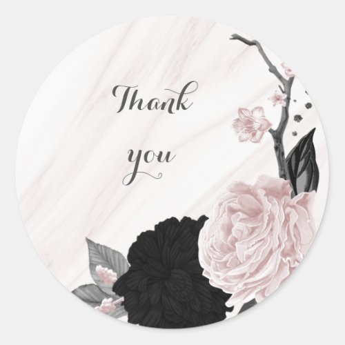 Beautiful black  pink flowers marble classic round sticker