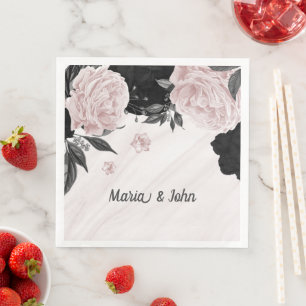 Beautiful black & pink flowers marble paper dinner napkins