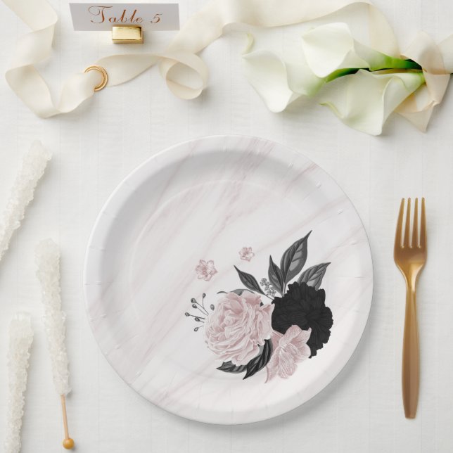 Beautiful black & pink flowers marble paper plates (Wedding)