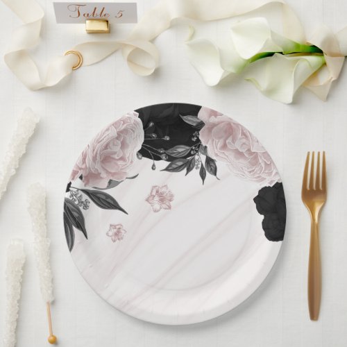 Beautiful black  pink flowers marble paper plates