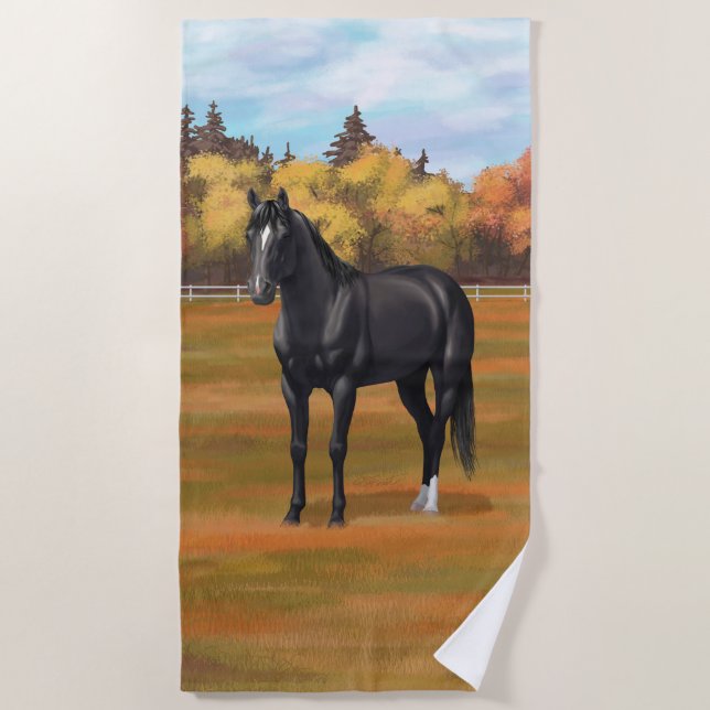 Beautiful Black Quarter Horse Stallion Beach Towel (Front)