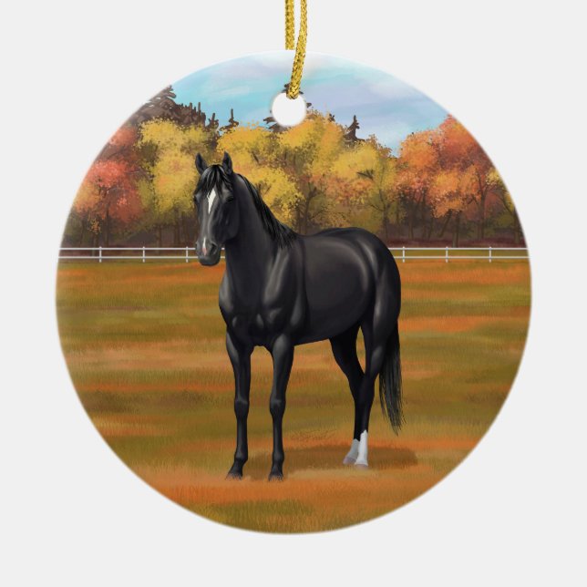 Beautiful Black Quarter Horse Stallion Ceramic Ornament (Front)