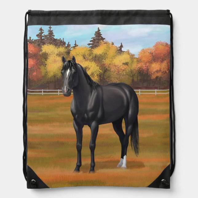 Beautiful Black Quarter Horse Stallion Drawstring Bag (Front)