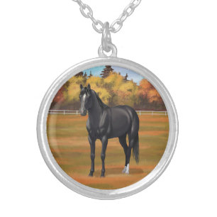 Beautiful Black Quarter Horse Stallion Silver Plated Necklace