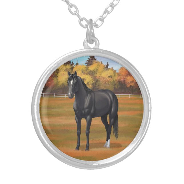 Beautiful Black Quarter Horse Stallion Silver Plated Necklace (Front)