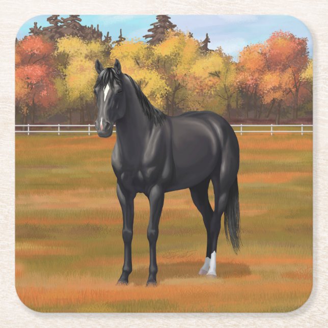 Beautiful Black Quarter Horse Stallion Square Paper Coaster (Front)