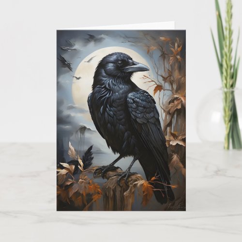 Beautiful Black Raven Portrait Trees Moon Blank Card