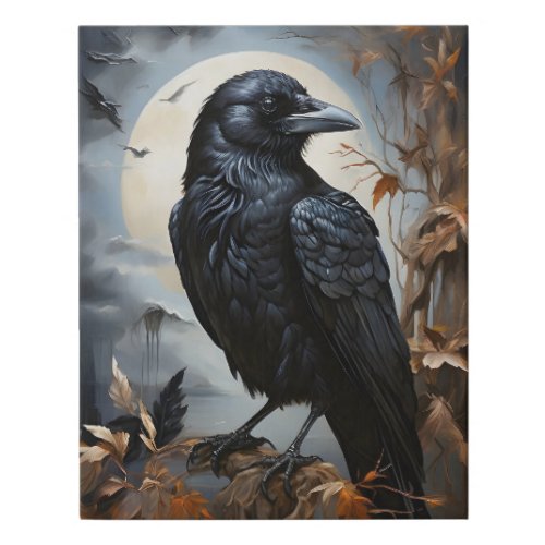 Beautiful Black Raven Portrait Trees Moon Faux Canvas Print