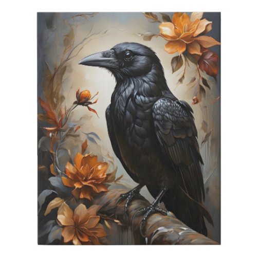 Beautiful Black Raven Portrait Trees Moon Flowers Faux Canvas Print