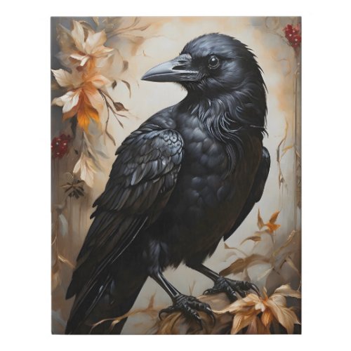 Beautiful Black Raven Portrait Trees Moon Flowers Faux Canvas Print