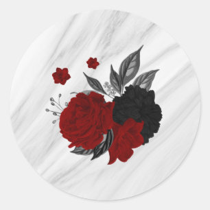 Beautiful black & red flowers marble classic round sticker
