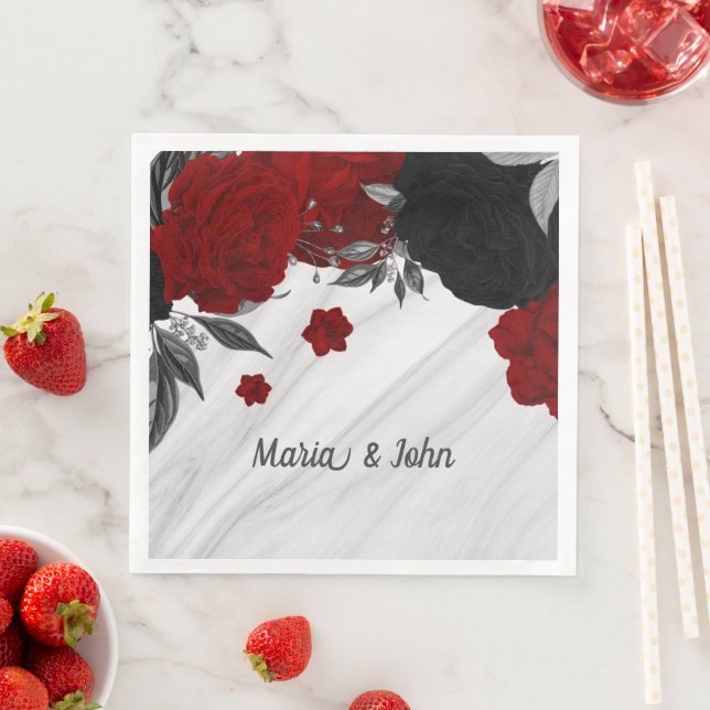 Beautiful black & red flowers marble paper dinner napkins (Insitu)