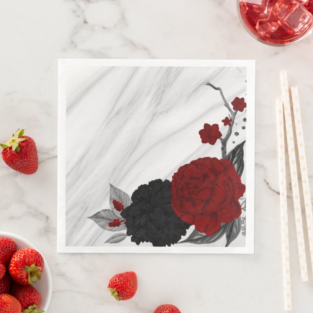 Beautiful black & red flowers marble paper dinner napkins (Insitu)