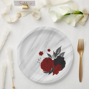 Beautiful black & red flowers marble paper plates