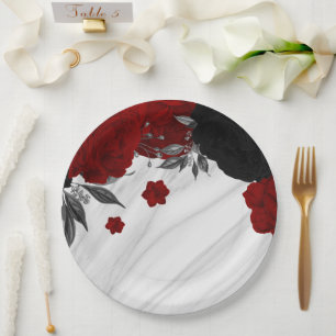 Beautiful black & red flowers marble paper plates