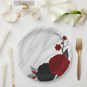 Beautiful black & red flowers marble paper plates