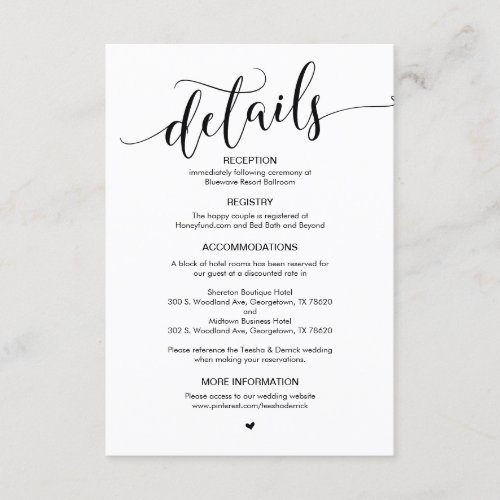 Beautiful Black Script Our Wedding Details Enclosure Card