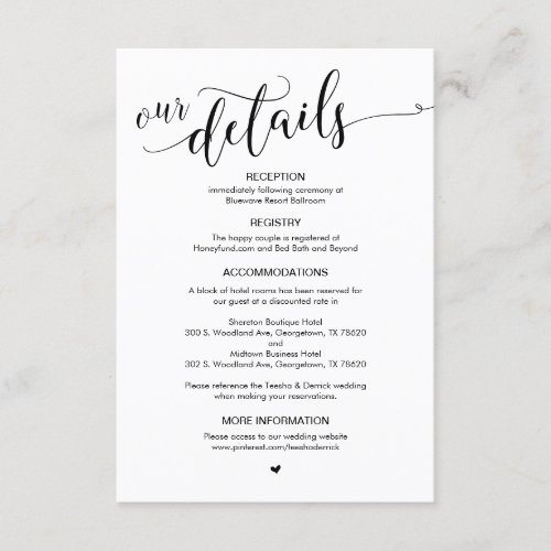 Beautiful Black Script Our Wedding Details Enclosure Card