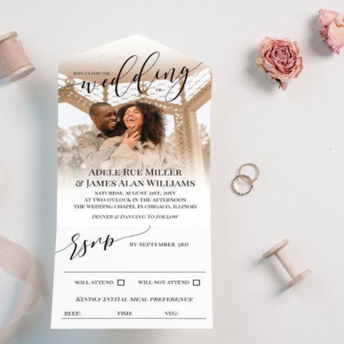 Beautiful Black Script Photo Wedding All In One Invitation