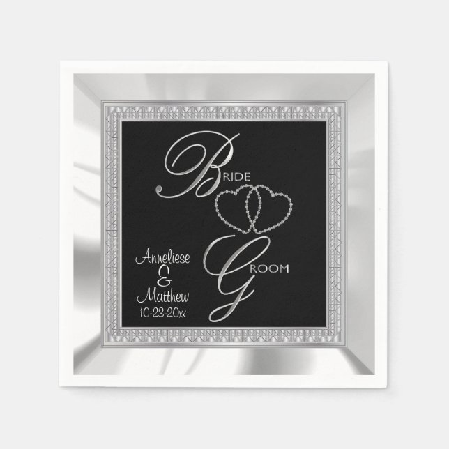 Beautiful Black, Silver & White Satin Wedding Paper Napkins (Front)