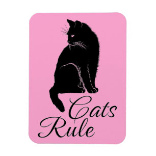 Beautiful Black Sitting Cat with "Cats Rule" Text Magnet