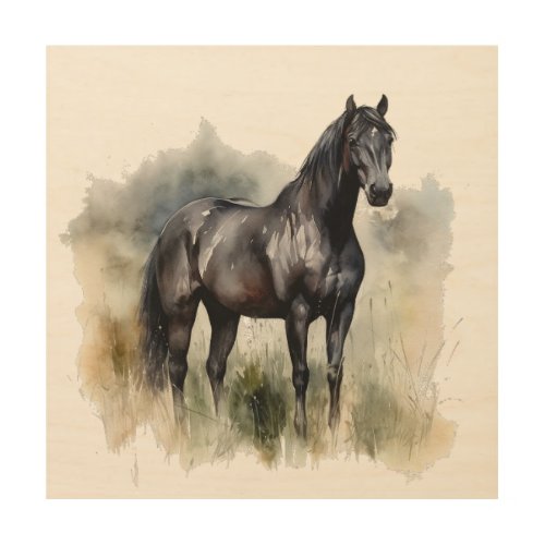 beautiful black stallion in a meadow in watercolor wood wall art