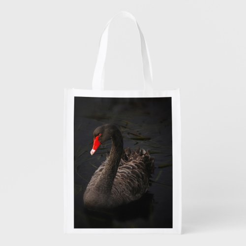 Beautiful Black Swan with a Bright Red Beak Reusable Grocery Bag