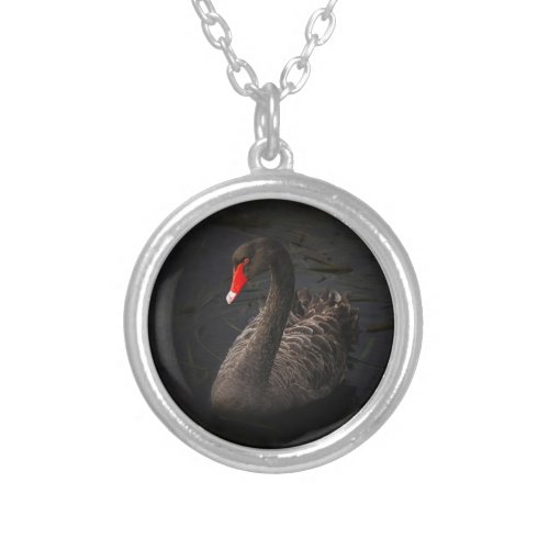 Beautiful Black Swan with a Bright Red Beak Silver Plated Necklace