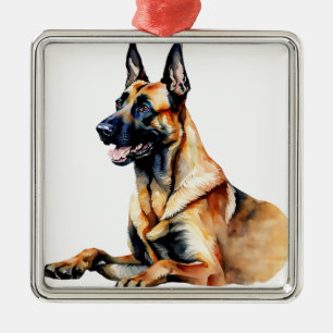 BEAUTIFUL BLACK & TAN BELGIAN MALINOIS DOG METAL ORNAMENT