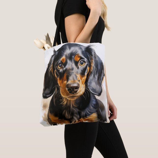 BEAUTIFUL BLACK & TAN DACHSHUND DOG TOTE BAG (Close Up)