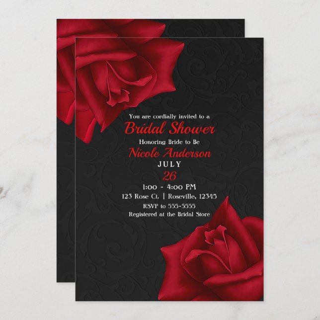 Beautiful Black Texture Red Roses Bridal Shower Invitation (Front/Back)