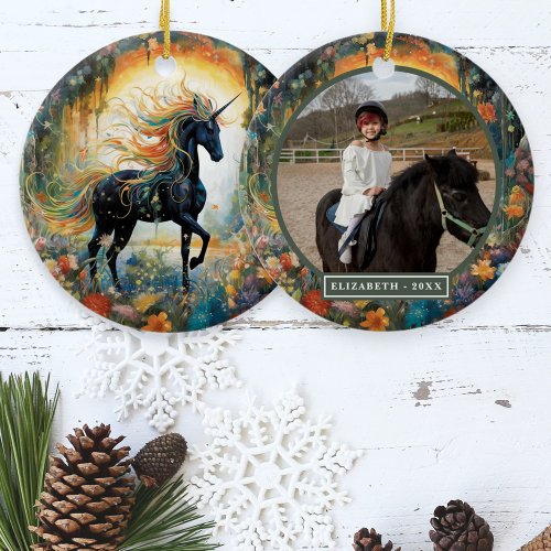 Beautiful Black Unicorn Custom Photo Ceramic Ornament