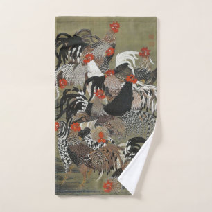 Beautiful Black, White and Multi-Color Roosters Bath Towel Set