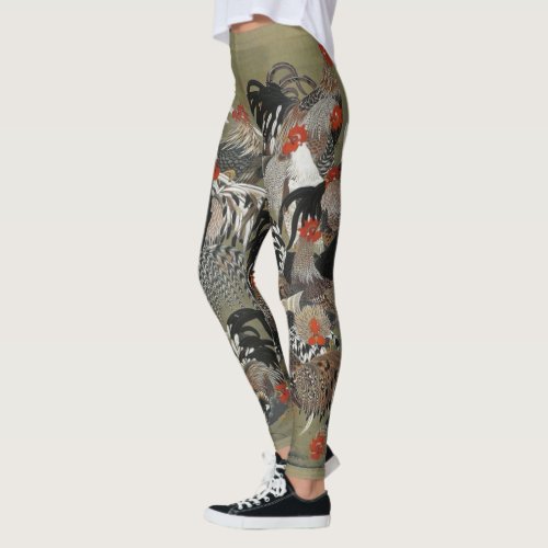 Beautiful Black White and Multi_Color Roosters Leggings