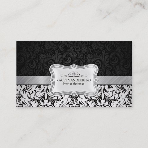 Beautiful Black &amp; White Damask Interior Design Business Cards