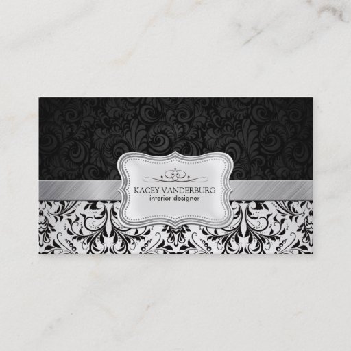Customizable Beautiful Black &amp; White Damask Interior Design Business Cards