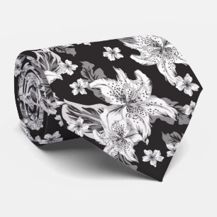 Beautiful black white flower pattern neck tie