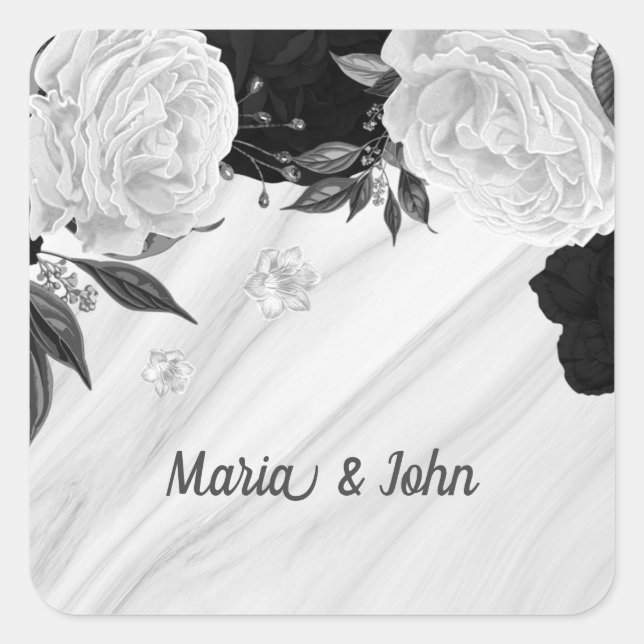 Beautiful black & white flowers marble square sticker (Front)