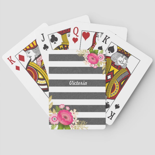 Beautiful Black White Stripe Floral Personalized Poker Cards (Back)
