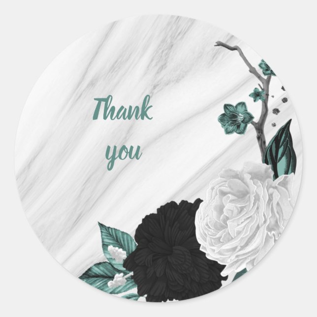 Beautiful black white teal flowers marble classic round sticker (Front)