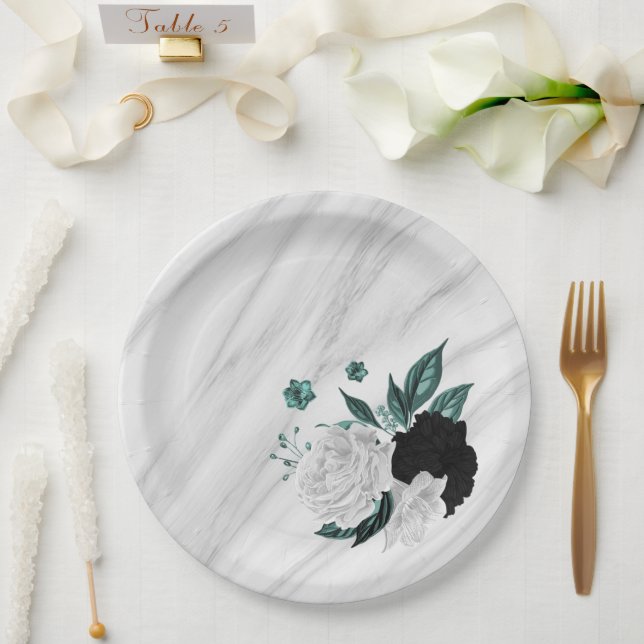 Beautiful black white teal flowers marble paper plates (Wedding)