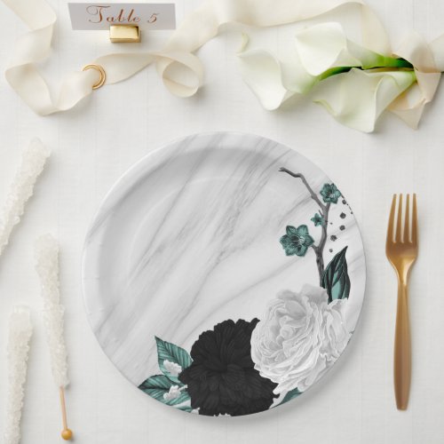Beautiful black white teal flowers marble paper plates