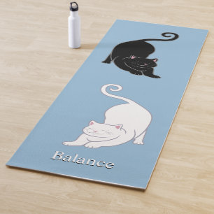 Beautiful Black & White Yoga Cats on Light Blue Yoga Mat