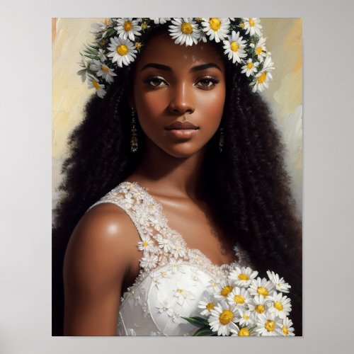 Beautiful Black Woman Daisies Floral Art Poster