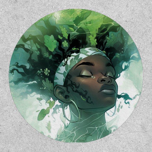 Beautiful Black Woman Floating in Water w/ Plants Patch (Front)