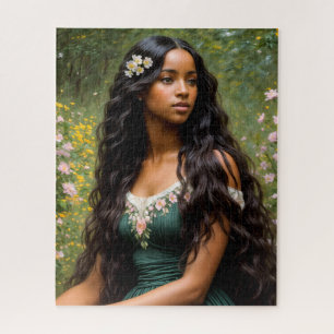 Beautiful Black Woman Floral Painting Jigsaw Puzzle
