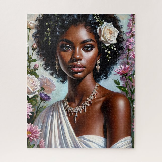 Beautiful Black Woman Floral Roses Portrait Jigsaw Puzzle (Vertical)