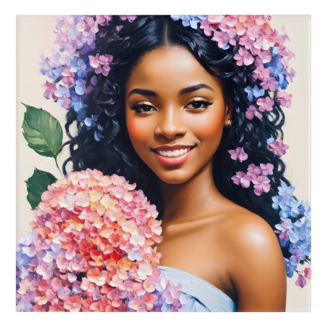 Beautiful Black Woman Hydrangeas Portrait Acrylic Print (Front)